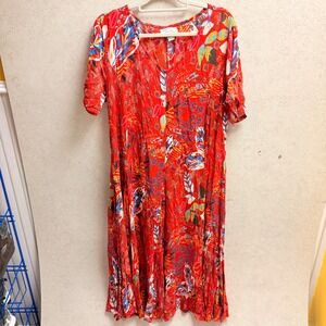 ORIENTIQUE Naturally Australian Large Red Tropical Leaf Boho Tassel Maxi Dress